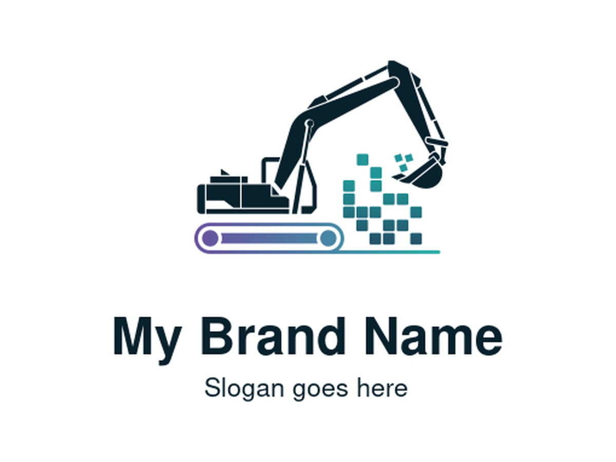 Digital Excavator with Pixelated Ground Logo for Modern Construction and Technology